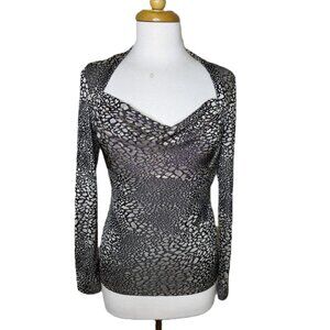 Vintage Y2K Metallic Animal Print Going Out Top, Long Sleeve Cowl Neck, Small